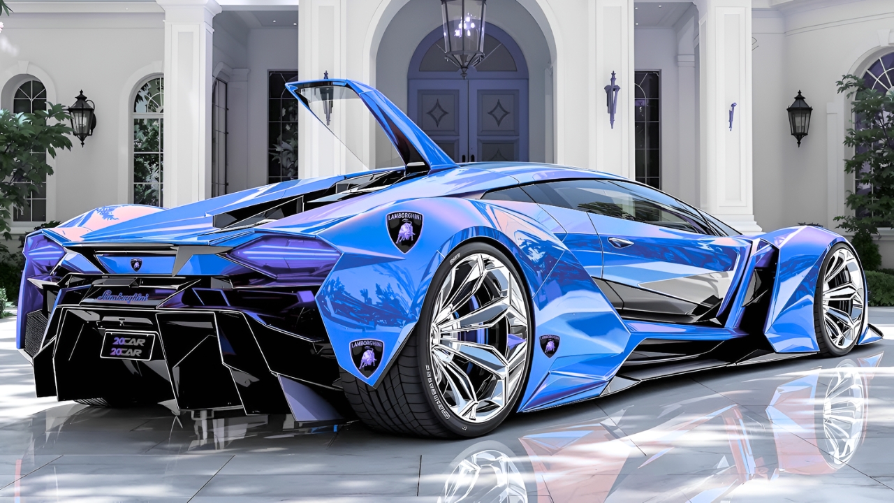 Superdeportivo Azul Inspirado en Lamborghini: Diseño Personalizado con Estilo Futurista y Concepto Artístico Único